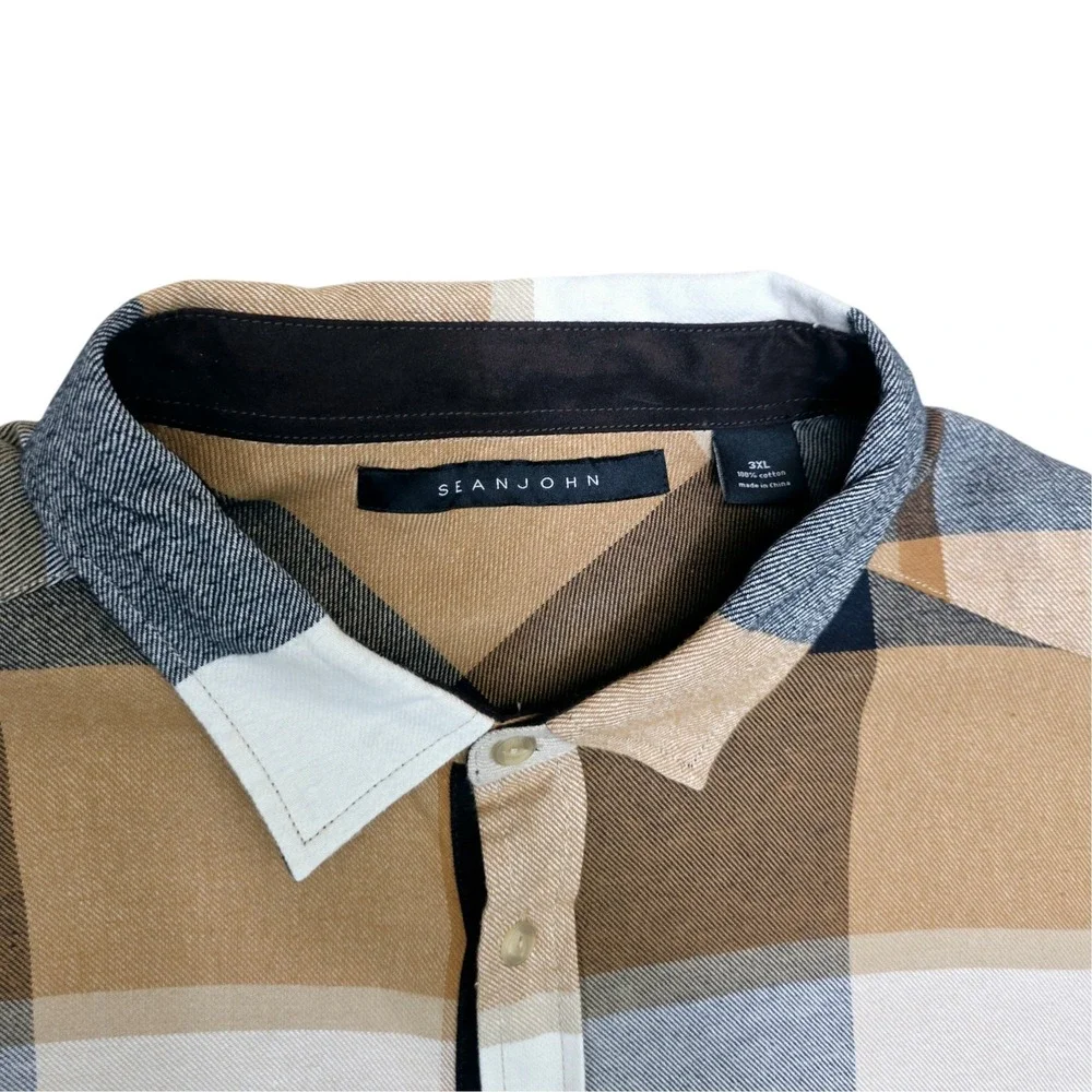 Sean John Mens 3XL Plaid Button Down Shirt Tan Black Elbow Patches Cotton